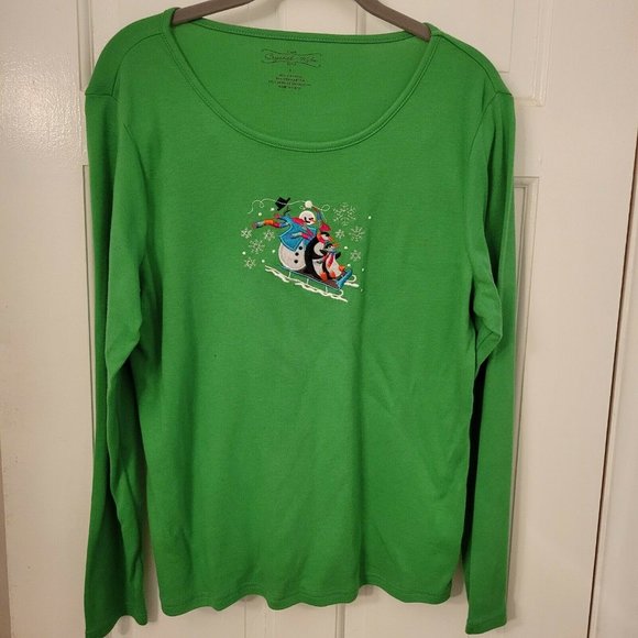 Crystal Kobe Size L Green‎ Snowman Penguin Sledding Holiday LS Cotton T-shirt - Picture 1 of 4